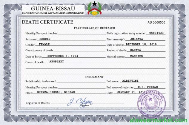 Guinea-Bissau vital record death certificate PSD template